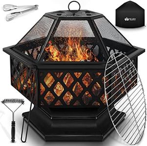 tillvex Brasero Extérieur BBQ | Foyer Poêle pour Jardin, Terrasse | Chauffage avec Gril-Le à Charbon + Couvercle | Cheminée Feu pour Barbecue avec Tissonier Noir (Hexagonal)