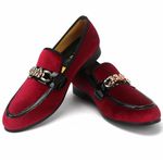 XQWFH Men's Velvet Loafers,Mens Dress Shoes with Gold Chain, Slip On Flats Smoking Slippers Penny Shoes for Men, Red, 10