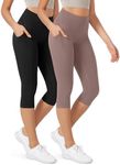 ODODOS ODLEX 2-Pack High Waist Workout Capris with Pockets for Women, 19" Yoga Capri Leggings, Black+Purple Taupe, Small