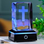 Qianwei 3D Crystal Cross Bible Figurine with Colorful Light Base, Laser Engrave Religious Gifts for Women Man Christian Gifts for Friend Sister