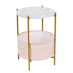 KSWIN Round Storage Table, 2-Tier Side Table with Fabric Basket, Marble Look Top with Golden Steel Frame, Modern Sofa End Table Night Stand for Bedroom, Living Room, White and Gold