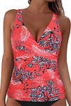 Cindy's aunt Underwire Tankini for Women Large Bust Criss Cross Back Swimwear Ruched Tummy Control Bathing Suit Top Only Red&White Floral US12