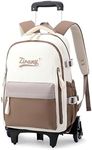 ETAISHOW Rolling Backpack for Boys Girls Backpack with Wheels Wheeled Bookbag Kids Roller School Bag, 04 Khaki, 6 Wheels, Classic