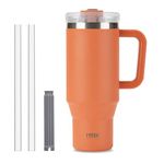 Klaraber Tumbler with Straw and Lid, 40oz Insulated Travel Cup with Straw, Double Wall Stainless Steel Iced Coffee Cup, Leak-Proof Travel Mug, Large Tumbler Cup with Handle (Orange)