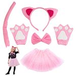 TSHAOUN 6 Pieces Cat Costume Set Included Cat Ears Headband Bowtie Tail Cat Paw Gloves Pink Tutu Animal Costume for Fancy Dress Up Cat Cosplay Halloween Birthday Carnival (Pink)