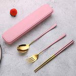 CherryBox Premium Spoon Fork & Chopstick Set - Flatware Dinnerware Cutlery Tableware Set - Gold Plated 304 Stainless Steel (Pink)