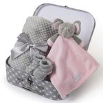 Newborn Baby Gift Set New Baby Hamper Present for Baby Girl Unique Suitcase Memory Box Baby Shower Gifts Cute Soft Congratulations Milestone Pink Elephant Comforter Blanket