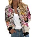 Mrat Jackets for Women UK Ladies Floral Coat Crew Neck Bomber Jacket with Pockets Full Zip Casual Jackets Ribbed Cuffs Daily Jacket Lightweight Boho Jackets Work Office Holiday Multicolor XL