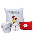 Raavi colors Unique Rakhi Gift Combo for Brother Side by Side or Miles Apart Printed Cushion Cover with Filler, Mug,Coster,Rakhi with Tilak for Your Elder and Little bhai for raksha bandhan