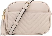 FashionPuzzle Chevron Quilted Crossbody Camera Bag with Chain Strap and Tassel, Nude, One Size