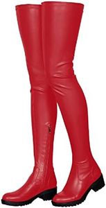 Knee High Boots Women Thigh High Over Knee Stretch Fashion Low Chunky Heel Round Toe Zipper Winter Boots Black Red US4.5-14, red, 34