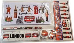 Souvenirs London Pencil Case with Pencil, Sharpener, Ruler & Union Jack Eraser - Red Bus Telephone Box Tower Bridge Big Ben - UJ British School Kit