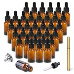 RUCKAE Amber Glass Bottles with Eye Droppers (0.5 oz, 36 Pack) for Essential Oils, Colognes & Perfumes,with Metal Funnel and Pen, Amber