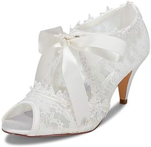 JIAJIA Women's Bridal Shoes 5949419 Peep Toe Cone Heel Lace Satin Pumps Ribbon Tie Wedding Shoes Color Ivory,Size 5 B(M) US/35 EU