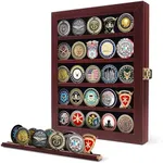 Flybold Military Coin Display Case Challenge Coin Holder Box - Clear Display for AA Chips Holding Case, 92% Transparent, Coin Rack Fits 45 Coins or Military Medals, Mahogany Frame, Wall Mount