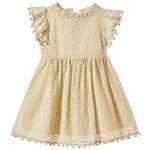 Niyage Toddler Girls Elegant Lace Pom Pom Flutter Sleeve Party Princess Dress Beige 90