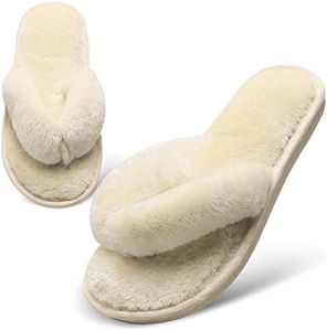 JOINFREE Women's Furry House Slippers Soft Slip On Shoes with Non Slip Sole Light Beige 5.5/6.5 M US