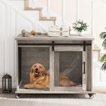 GarveeLife Dog Crate Furniture with Sliding Barn Door,Flip Top Furniture Style Dog Crate End Table with Wheels,Indoor Dog Kennel Furniture with Removable Divider,Dog House,Grey