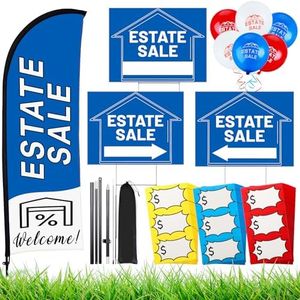 Buryeah Estate Sale Signs Set, 1 Pack Estate Sale Flag with Pole Kit, 3 Pack Double Sided Estate Sale Arrows Signs with Metal H Stakes, 30 Pcs Estate Sale Balloons, and 150 Pcs Price Stickers(Blue)