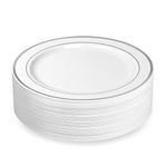 BloominGoods Silver Rimmed Plastic Dinner Plates (100 Pack) 10.25" Inch Heavyweight White Weddings Parties and Events Plates with Real China Look | Disposable or Reusable