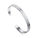 Amberta Women 925 Sterling Silver Hammered Bangle Bracelet: Silver Thin Cuff Bracelet