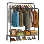 DIVCHI Double Rail Clothes Rack Heavy Duty Freestanding Metal Garment Organizer Stand with Dual Hanging Bars & Bottom Storage Shelf & Hook for Bedroom Laundry Room & Entryway (Black)