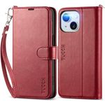 TUCCH Wallet Case for iPhone 15 (6.1") 2023 5G, Magnetic PU Leather Foldable Case with Wrist Strap, RFID Blocking, Credit Card Holders, Shockproof TPU, Protective Stand Cover for Women Men, Dark Red