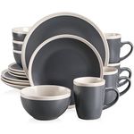 vancasso SEESAMI Stoneware Dinner Set- Matte Sesame Glaze Crockery - 16 Pieces Dinnerware Tableware Service Set for 4, Include Dinner Plate, Dessert Plate, Cereal Bowl and Mug. Dark Grey