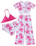 Happy Cherry Girl's 4 Piece Swimsuits Tropical Print Halter Bikini Set Bathing Suits with Kimono and Cover Up Pants Boho Swimwear Pink 8 Years