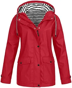 AAZJSS Rain Coat Womens with Hood Lightweight Windbreaker Raincoat Plus Size Waterproof Jacket Red X-Large