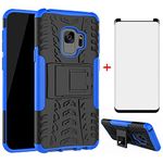 Phone Case for Samsung Galaxy S9 with Tempered Glass Screen Protector Cover and Stand Kickstand Hard Rugged Hybrid Accessories Heavy Duty Rubber Shockproof Glaxay S 9 9S Edge GS9 Women Men Girls Blue