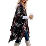 LittleMax Ponchos for Women,Juniors Shawl Wrap Fall Clothes Open Front Boho Buffalo Cardigan Oversized Plaid Cape Sweater Knitted Tassel Coat Pashmina Wine Red