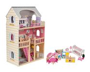 Mamabrum Wooden Dolls House – Large 3-Story Doll House with Furniture & LED Lights – Wooden Playhouse for Girls – Fully Furnished Pretend Play Dollhouse for Kids 3+