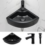 Bokaiya Small Corner Wall Mount Bathroom Sink and Faucet Combo with Overflow Triangle Black Porcelain Ceramic Wall Mount Mini Vanity Space Bathroom Sink, Black Faucet and Drain Combo