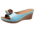 Womens Comfy Leather Solid Flower Strap Wedge Sandals, Summer Open Toe Mid Heel Platform Shoes (Blue,12)