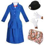 Ladies Magical Victorian Nanny Costume - Small - Blue Jacket & Skirt, Black Bowler Hat with Daisies, White Gloves - Adults World Book Day Book Week Fancy Dress Costume