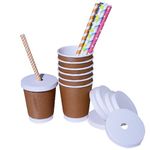 SANWALSA 250 Ml Brown Double Wall Ripple Paper Cup with Straw Cut Paper Lid and 8 MM Multicolor Straws- Pack of 25