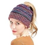 SamHeng Women Ponytail Hat, Winter Warm Knitted Ponytail Beanie Hat for Ladies, Soft Stretch Cable Knit Cap with Hole Winter Outdoor Warm Messy High Bun Hat for Girls (B)