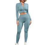 Women Yoga Outfit Fitness Sportswear Suit 2 Piece Seamless Long-Sleeve Full Zip Crop Top+High Waist Running Legging Sets(Blue,S)