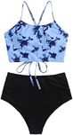 ZAFUL Women High Waisted Bikini Set Sunflower Two Piece Tankini Lace Up Wrap Bathing Suit Full Coverage Swimsuit, Tie Dye-blue, Small