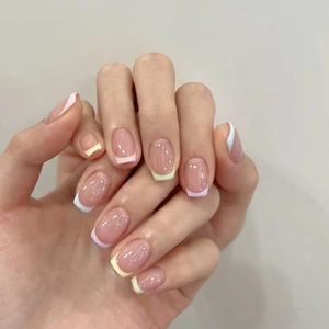 Secret Lives Glossy Reusable Artificial Square Shape Pink Blue Yellow Ombeo Design Press on Nails with Kit | Easy To Use| Quick Fix