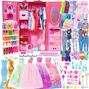 127pcs Doll Clothes Accessories and Closet for 11.5 inch Girl Doll,Dollhouse Wardrobe Storage Fashion Dress Gowns Outfits Swimsuits Tops Bottoms Shoe Rack High Heels Hangers Necklaces for 1/6 Dolls