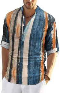 COOFANDY Men's Cotton Linen Henley T-Shirt Long Sleeve Casual Beach T-Shirts Hippie Printed Button Tee