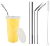 PARABRAHMA Stainless Steel Sipper/Sippy Cup with Straw Glass with Gum Protection for Kids 4 Straw and 1 Cleaning Brush (370 ml, 1-4 Years) (Yellow)