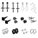 EZreal-12 Pairs Surgical Stainless Steel Black or Silver Tone Dangle Drop Stud Hoop Earrings for Women Men Huggie Hinged Loop Punk Cool Stud Earring Set (Style A)