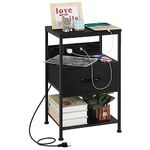 Night Stand with Charging Station Black End Table with Fabric Storage Drawer Narrow Bed Side Table with USB Ports and Outlets Industrial Nightstand for Bedroom Living Room Small Space