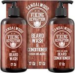Viking Revolution Beard Wash & Beard Conditioner Set with Argan & Jojoba Oils - Softens and Strengthens - Natural Sandalwood Scent - Beard Shampoo with Beard Oil (17 oz)