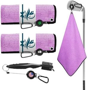 Amy Sport Golf Towels for Golf Bags for Women Men Value 2 Pack with 3 Strong Magnetic Retractable Carabiner and Black Brush, 16''X16'' Microfiber Waffle Pattern Towel Absorbent Set (Purple)