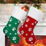 Alynsehom Christmas Stockings,Set of 2,Christmas Decorations,Red Green Velvet Embroidery Snowflake Paws 18 Inch Plush Faux Fur Cuff Hanging Stockings Holiday Xmas Decors(Red&Green Paws)