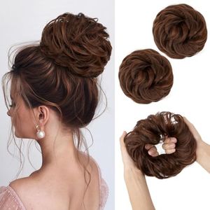 SARLA 2PCS Messy Hair Bun Hair Pieces Wavy Curly Synthetic Updo Fake Scrunchies Ponytail Extension for Women Red Vino
